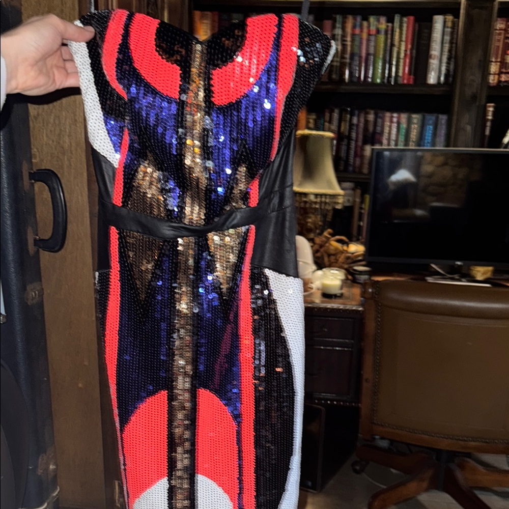 2B Bebe Red and Blue Sequin Sheath Dress Cocktail